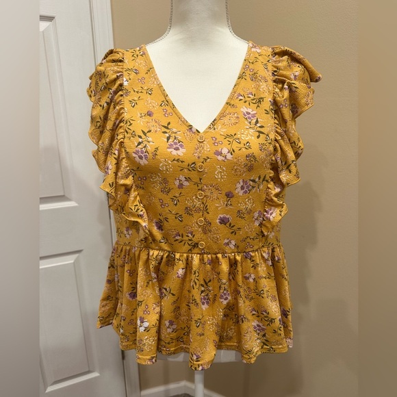 Melloday Mustard Floral Ruffle Peplum Top Size Medium - Picture 2 of 6